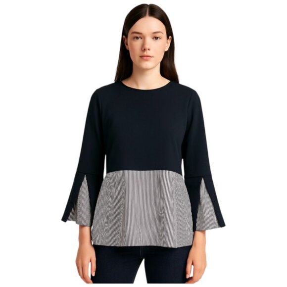 Zara Tops - Zara XS Navy Striped Hem Mixed Media Long Sleeve Top